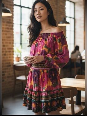 RACHEL Rachel Roy Off-Shoulder Floral Skirt Set in Magenta, Yellow, Green